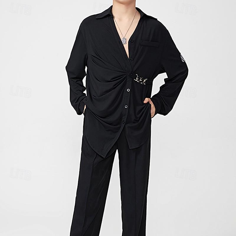 Latin Dance Top Metal Chain Men's Performance Daily Wear Long Sleeve Crystal Cotton4