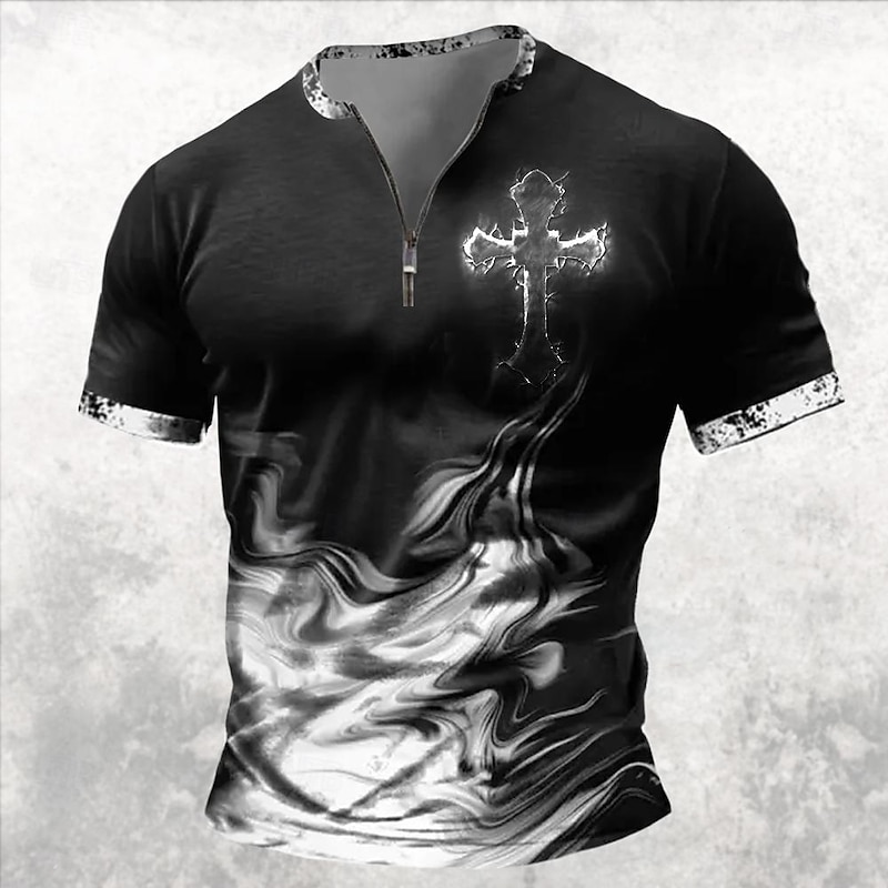 Halloween Men's Gothic Horror Cross T Shirt Short Sleeve T shirt 3D Print Half Zip Shirt Retro Vintage Street Casual Daily Black Summer Spring Clothing Apparel S M L XL XXL XXXL