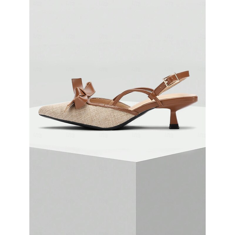 Women's Slingback Pointed Toe Heels – Brown Leather and Beige Canvas Kitten Heel Shoes with Bow Detail, Perfect for Office, Parties, and Casual Wear3
