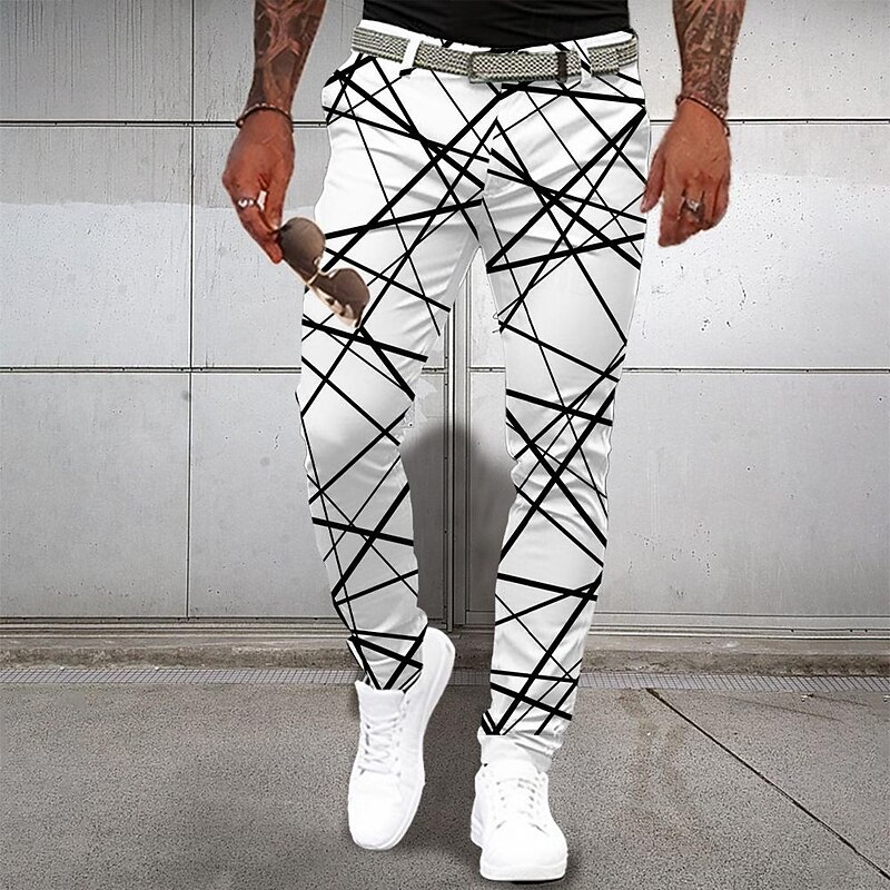 Men's Geometric Plaid Dress Pants Mid Waist Business Casual Formal Dailywear Pocket Summer Spring Fall 3D Print White