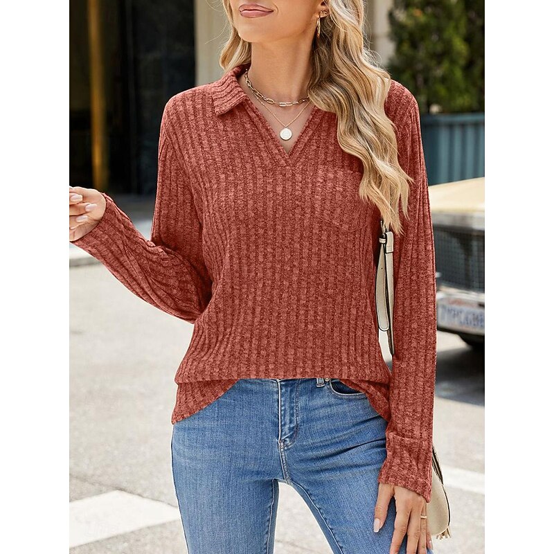 Women's T Shirt Casual Solid Color Long Sleeve Long Tops Shirt Collar Daily Black Wine Blue Khaki Spring Fall