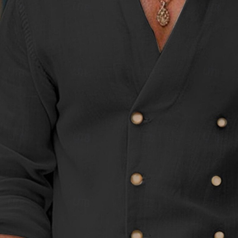 Men's Shirt Linen Shirt Band Collar Shirt Summer Shirt Beach Wear Button Up Shirt Plain Casual Daily Black White Blue Long Sleeve Band Collar Spring & Summer Clothing Apparel Buttons2