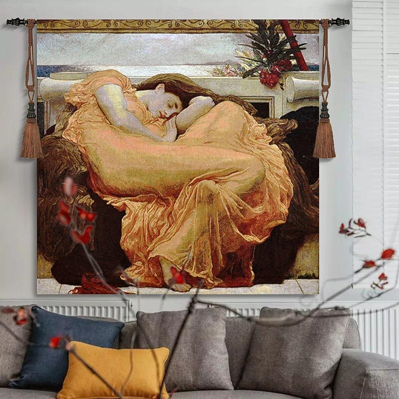 Jacquard Woven Tapestry Gobelin Aubusson Wall Art Hanging Large Tapestry Reproduction Loom Cotton Weave Flaming June Belgian Tapestry (without tassels and rod)