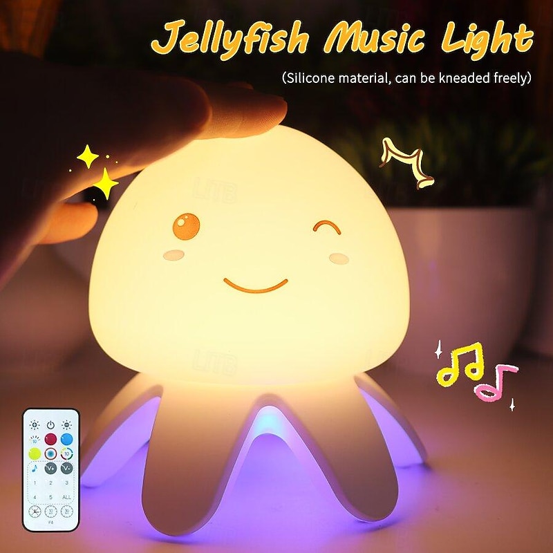 LED Smart Light Colorful Silicone Jellyfish Music Night Light with Remote Control, Intelligent Timing Night Light with Sleep Mode for Room Decor, Children's Gift, Girl's Atmosphere Light