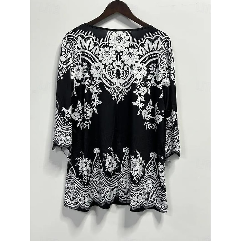 Women's Tunic T Shirt Graphic Elegant Vintage 3/4 Length Sleeve Notched Neck Regular Tops Daily Going out Ruffle Buttons Black Spring Fall2