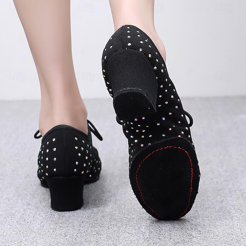 Women's Rhinestone-Embellished Ballroom Dance Shoes - Black Lace-Up Heeled Dance Shoes for Latin and Salsa2