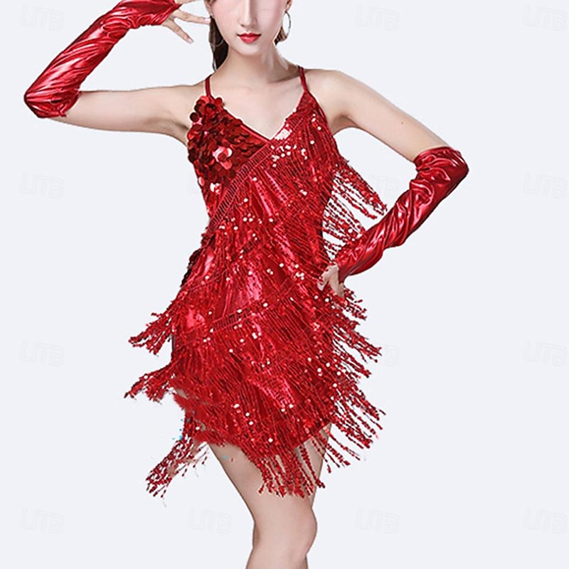 Sequins Tassel Latin Dance Dress for Women's 1920s Flapper Cocktail Party Dresses Rumba Ballroom Costumes with Gloves3