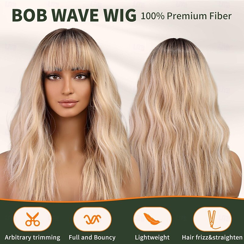 Ombre Blonde Wig with Bangs Blonde Highlight Wavy Wigs for Women Shoulder Length Curly Synthetic Hair Wig for Party Daily Use Halloween Wigs2