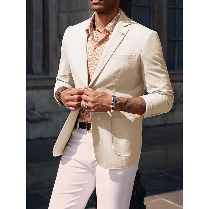 Men's Blazer Jacket Sport Coat Notch Collar Fashion Casual Solid Colored Linen Blazer Dark Blue Beige Light Blue Tailored Fit Single Breasted Two-buttons2