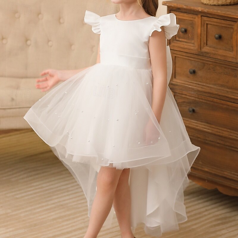 Kids Girls' Flower Girl Dress Party Dress Solid Color Sleeveless Wedding Party Special Occasion Ruched Backless Tie Knot Adorable Sweet Polyester Asymmetrical Party Dress Summer Spring Fall 3-13 Years4