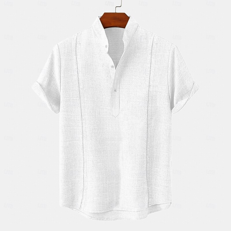 Men's Shirt Linen Shirt Guayabera Shirt Summer Shirt Beach Wear Solid Color Casual Daily White Royal Blue Green Khaki Short Sleeve Band Collar Summer Spring Clothing Apparel3