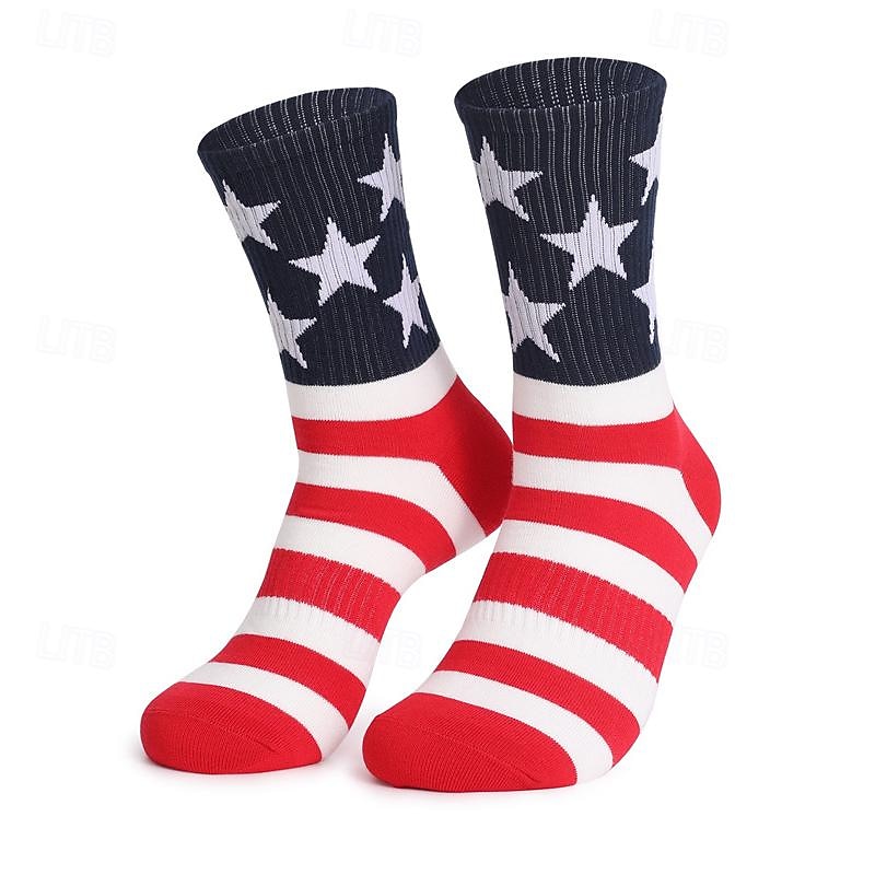 Men's 1 Pair Socks Running Socks Casual Socks Long Socks Black White Color American US Flag Sports & Outdoor Daily Vacation Basic Medium Spring Fall Fashion Casual2