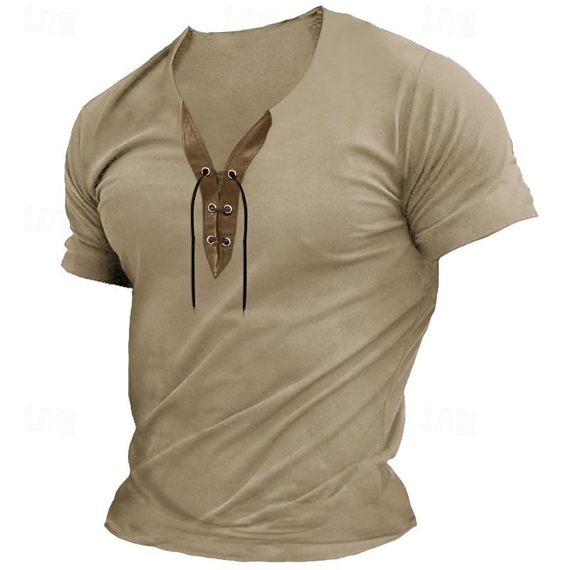 Men's T Shirt Henley Shirt Tee Top Short Sleeve V Neck Spring & Summer Plain Fashion Designer Basic Lace up Vacation Street Going out Army Green Dark Grey Black Top Tee for Men3