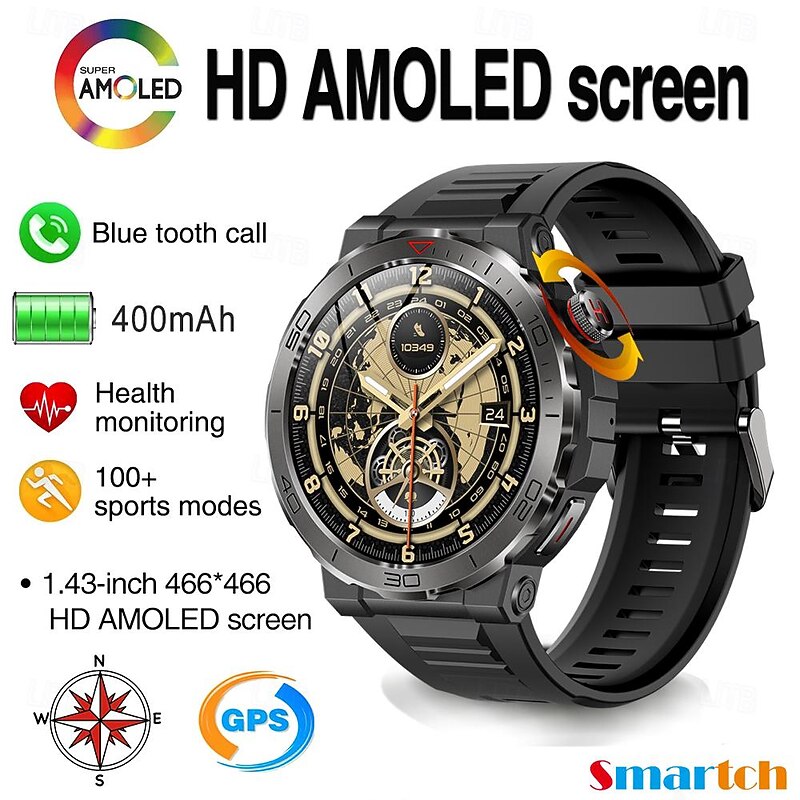 696 MK68 Smart Watch 1.43 inch Smartwatch Fitness Running Watch Bluetooth Pedometer Call Reminder Sleep Tracker Compatible with Android iOS Men Hands-Free Calls Message Reminder IPX-0 47mm Watch Case2