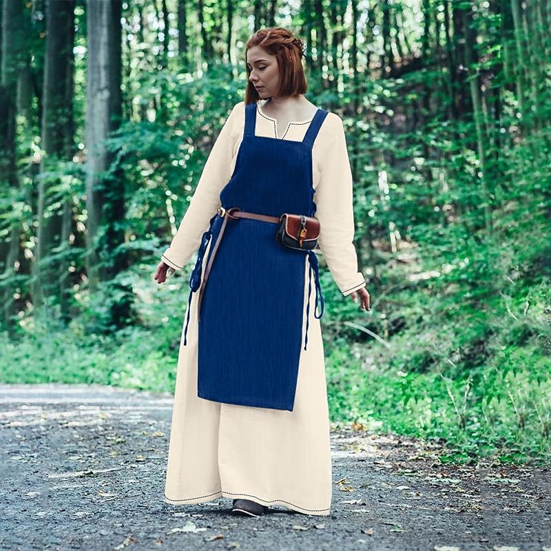 Women's Medieval Viking Apron Overdress with Laced Back Tunic Dress Set 2 PCS Outfits for LARP Ren Faire Renaissance Fair Party Carnival Halloween Dress (Without Belt)4