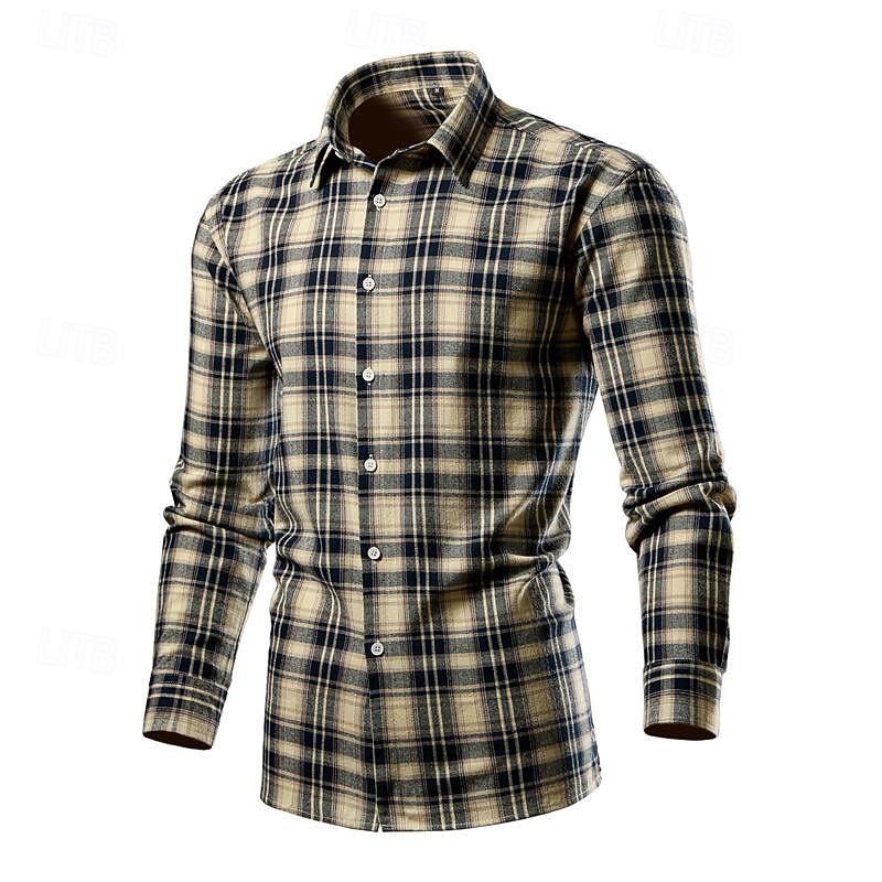 Men's Shirt Dress Shirt Button Up Shirt Plaid Wedding Party Yellow Red Blue Brown Long Sleeve Lapel Spring &  Fall Clothing Apparel - Main Image