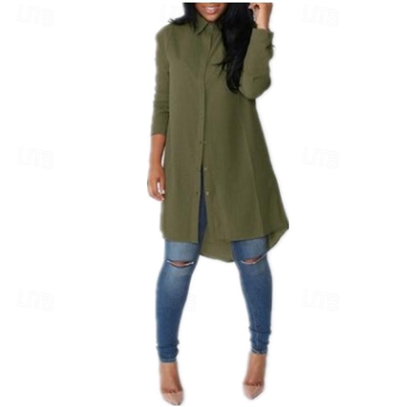 Women's Shirt Blouse Plain Casual Long Sleeve Shirt Collar Long Tops Daily Buttons Black Green Khaki Gray Spring & Summer