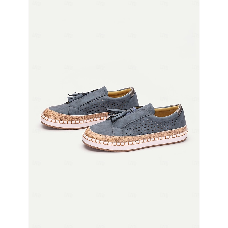 Women's Casual Tassel Loafers – Blue Suede Slip-On Shoes with Perforated Design & Cork Sole, Comfortable for Summer & Everyday Wear3