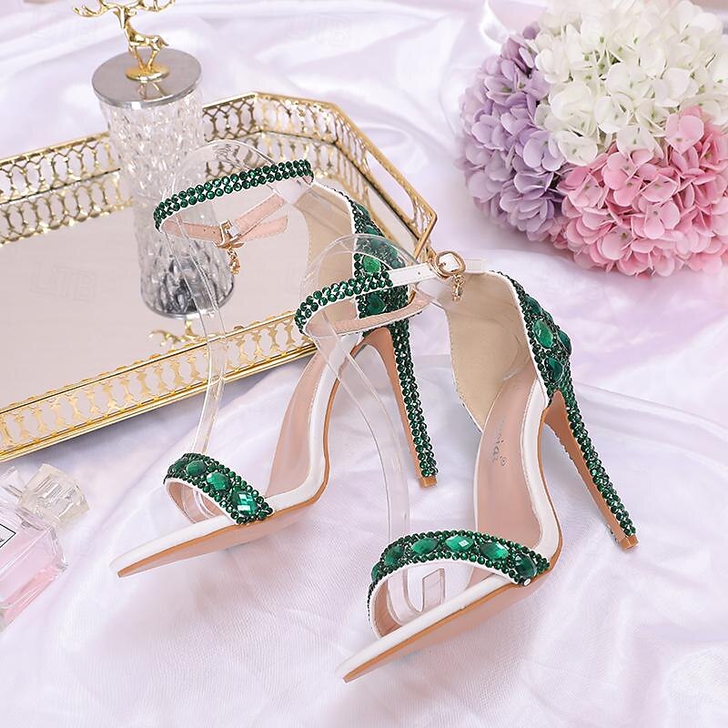 Women's Green Rhinestone Stiletto Heels with Matching Ankle Bracelet – Sparkly Ankle Strap High Heels for Weddings, Prom, and Glamorous Evening Parties2
