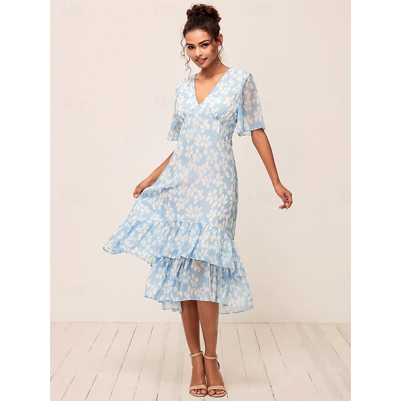 Women's Tea Length A Line Dress Layered Dress Elegant Flared Sleeve Vacation Daily Loose Fit Floral Half Sleeve V Neck Light Blue Summer3