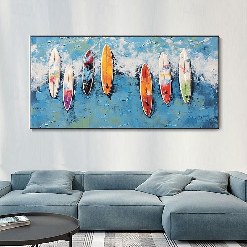 Hand Painted Custom Colored Surfboard oil painting handmade Summer Surfing Swimming Party painting Abstract Blue Ocean Seascape Canvas oil painting Wall Art painting for Home Decor Gift
