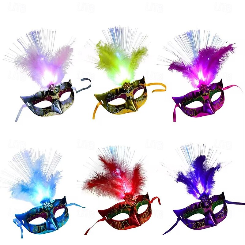 6 Packs Women Venetian Venice Feather LED Mask Luminous Masquerade Mask Bachelorette Party Fancy Dress Princess Ball Masks Carnival Mask2