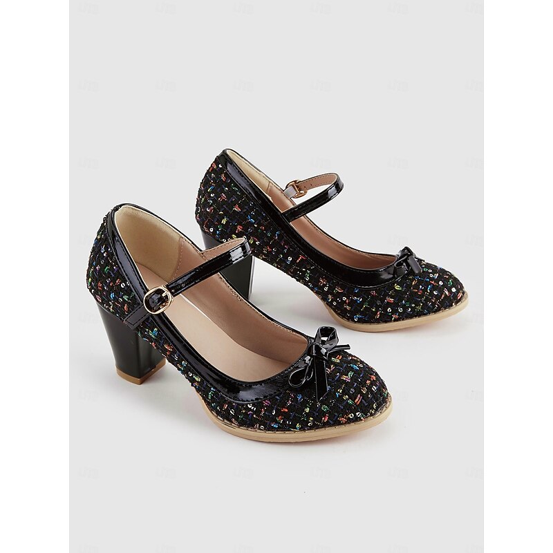 Women's Black Tweed Mary Jane Pumps with Bow - Chunky Heel Shoes for Office and Party Wear3