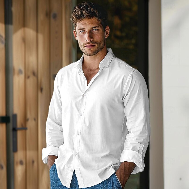 Men's Dress Shirt Button Up Shirt White Long Sleeve Solid Color Turndown Spring &  Fall Wedding Party Clothing Apparel Button