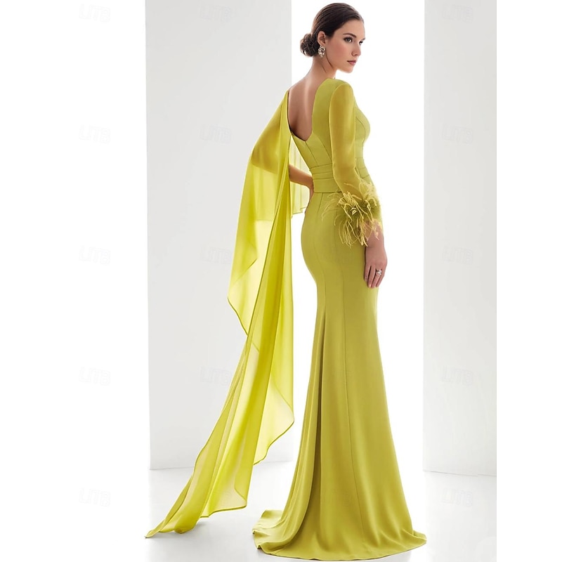 Beach Wedding Mermaid Evening Gown Elegant Dress Formal Fall Floor Length Long Sleeve V Neck Chiffon with Feather Ruched Ruffles2