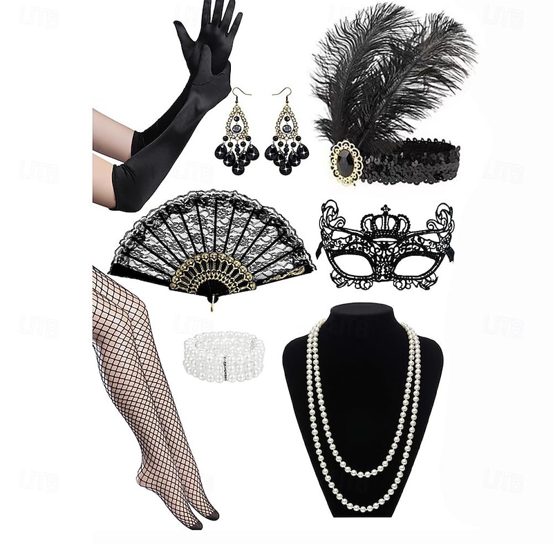 1920s The Great Gatsby Outfits Flapper Headband The Great Gatsby Wedding Guest Collarless Fancy Dress Women's Halloween Carnival Masquerade Party Masquerade Wedding Reception Adults' 1 Fan 1 Bracelet