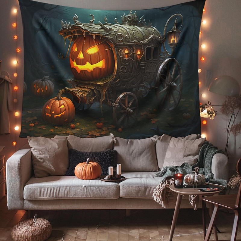 Halloween Decorations Pumpkin Carriage Hanging Tapestry Wall Art Large Tapestry Mural Decor Photograph Backdrop Blanket Curtain Home Bedroom Living Room3
