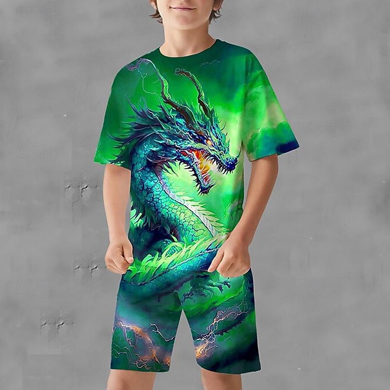 Boys 3D Graphic Dragon T-shirt & Shorts Short Sleeve Summer Sports Fashion Daily Kids 4-12 Years Outdoor Vacation Tailored Fit2