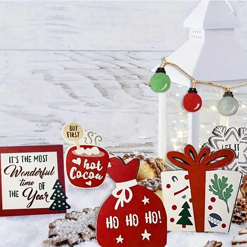 12pcs Christmas Layered Tray Decoration Set - 0.27 Inch Thick Wooden Table Signs, Christmas Stockings & Ball Ornaments for Indoor Winter Farmhouse Decor, Family Party, Shelf Decoration (Tray Not Included)4