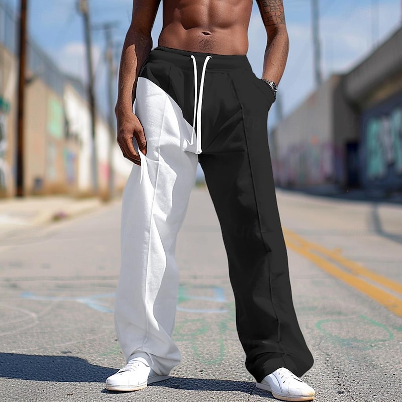 Men's Sweatpants Joggers Trousers Straight Leg Sweatpants Pleated Pants Drawstring Patchwork Elastic Waist Color Block Comfort Breathable Full Length Casual Daily Holiday Sports Fashion Black Blue