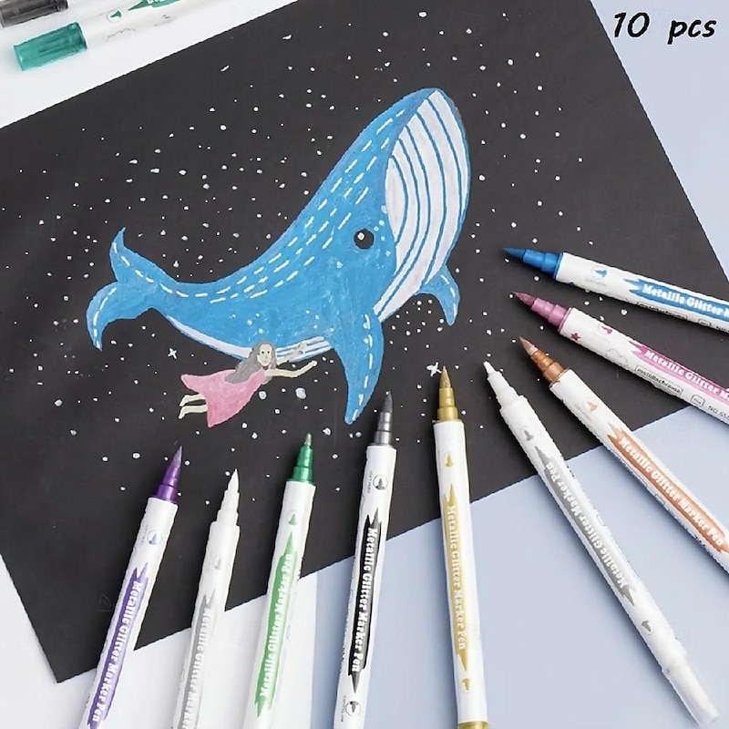 Metallic Glitter Dual Tip Marker Pens with Brush and Fine Nibs Craft Supplies Scrapbooking 10pcs2