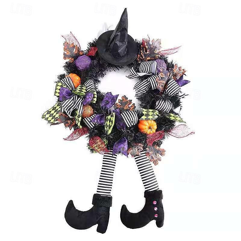 Halloween Wreaths for Front Door, Halloween Witch Wreath Black Wreath with Hat Witches Legs Pumpkin, Halloween Door Wreath Black Witch Wreath for Door,Porch,Window,Indoor and Outdoor Decor2