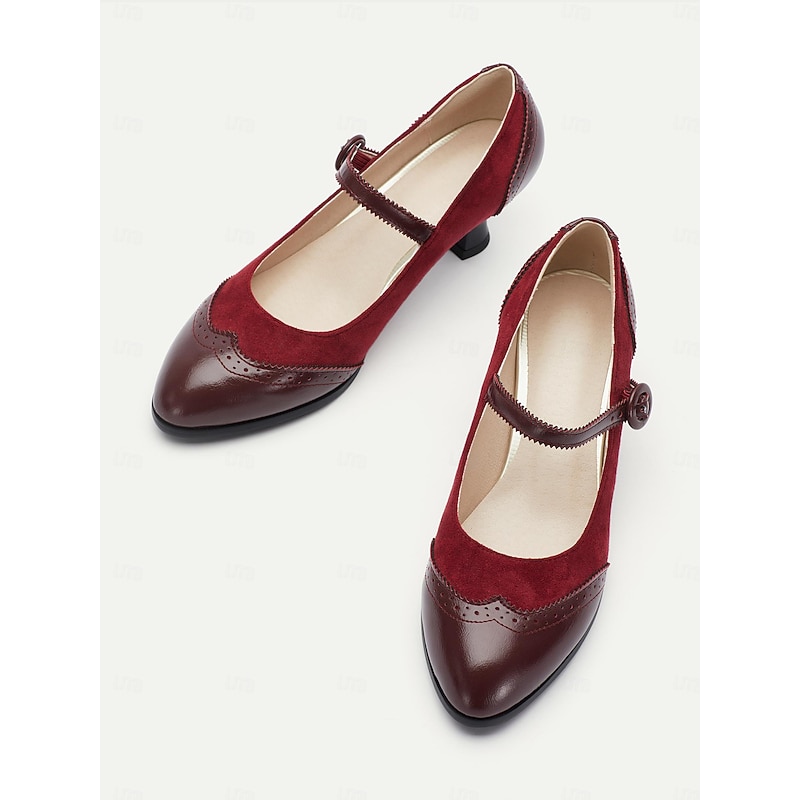 Vintage-Inspired Burgundy & Brown Leather Mary Jane Heels for Women, Perfect for Work and Special Occasions4