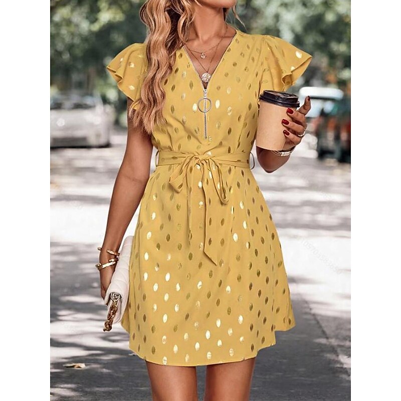 Women's Casual Dress Polka Dot Zipper Print V Neck Mini Dress Stylish Casual Daily Date Short Sleeve Summer3