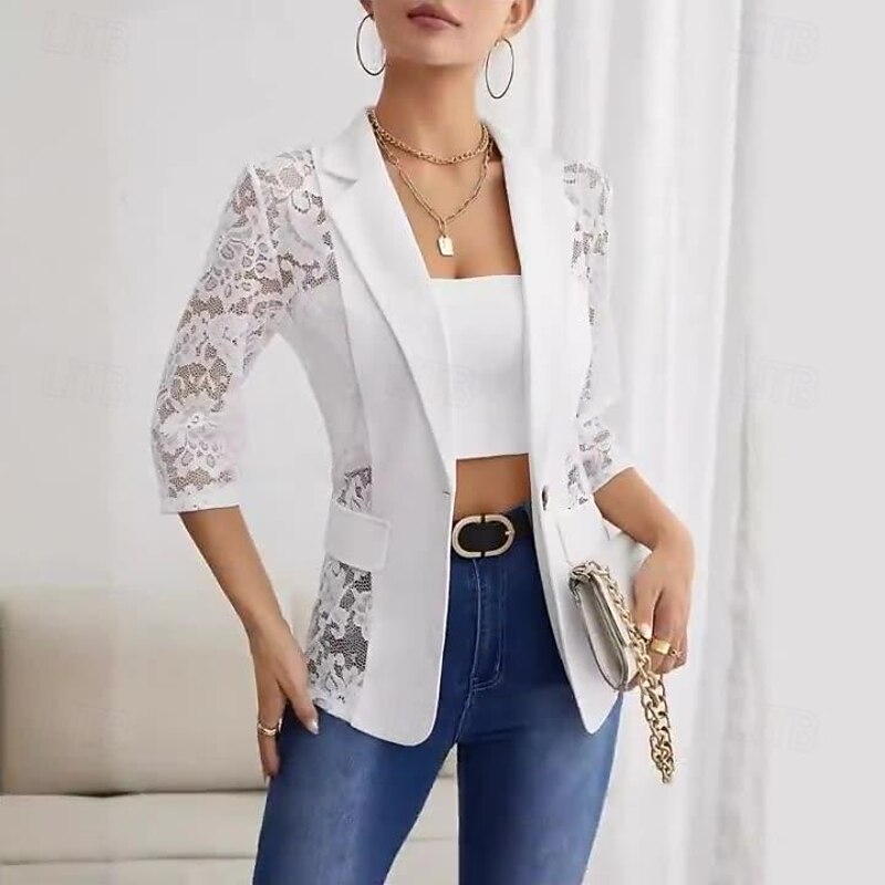 Women's Blazer Formal Lace Plain Breathable Streetwear Regular Fit Outerwear Long Sleeve Spring Black S3