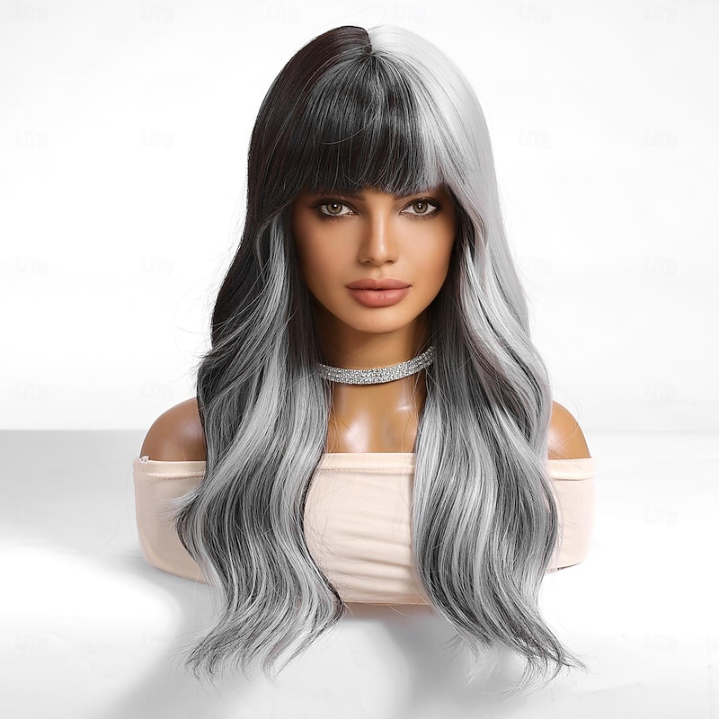 Synthetic Wig Uniforms Career Costumes Princess Curly Wavy Middle Part Layered Haircut Machine Made Wig 26 inch Black-white Synthetic Hair Women's Cosplay Party Fashion Natural Black2