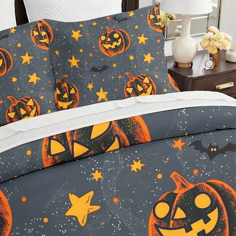 Halloween Duvet Cover Set Jack O Lantern Pumpkin Spooky and Festive Design - Includes Duvet Cover and Pillowcases - Soft and Comfortable Fabric - Perfect for Adding Halloween Spirit to Your Bedroom2