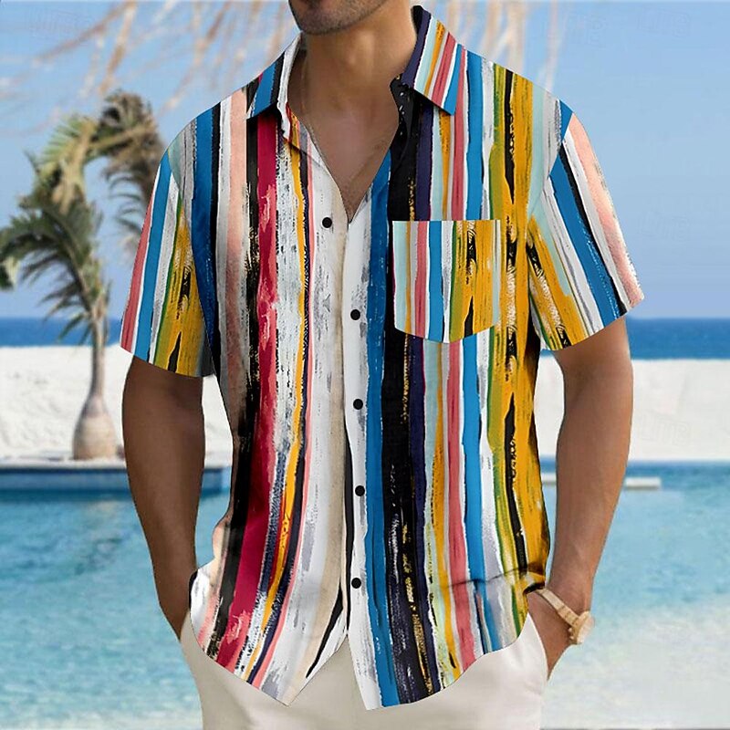 Men's Striped Geometric Pattern Button Up Shirt Printed Shirts Short Sleeve Hawaiian Resort Outdoor Business / Ceremony / Wedding Summer Turndown Print Button-Down Black Purple Rainbow