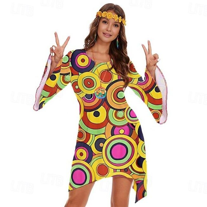 Retro Vintage 1970s 70s Fancy Dress Women Bell Sleeve Hippie Disco Graphic Round Neck Fancy Dress Women's Halloween Carnival Masquerade Party Daily Wear Pride Parade Adults' Dress All Seasons