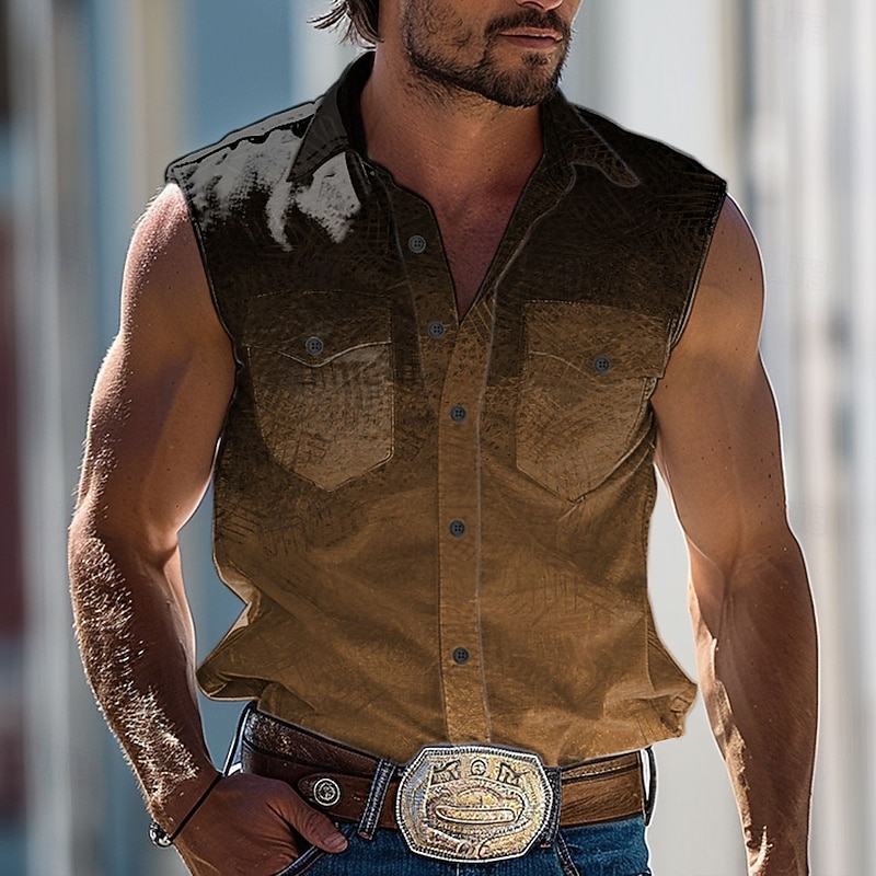 Men's Gradient Shirt Western Shirt Cowboy Shirt Sleeveless Western Style Outdoor Causal Summer Spring Shirt Collar Khaki
