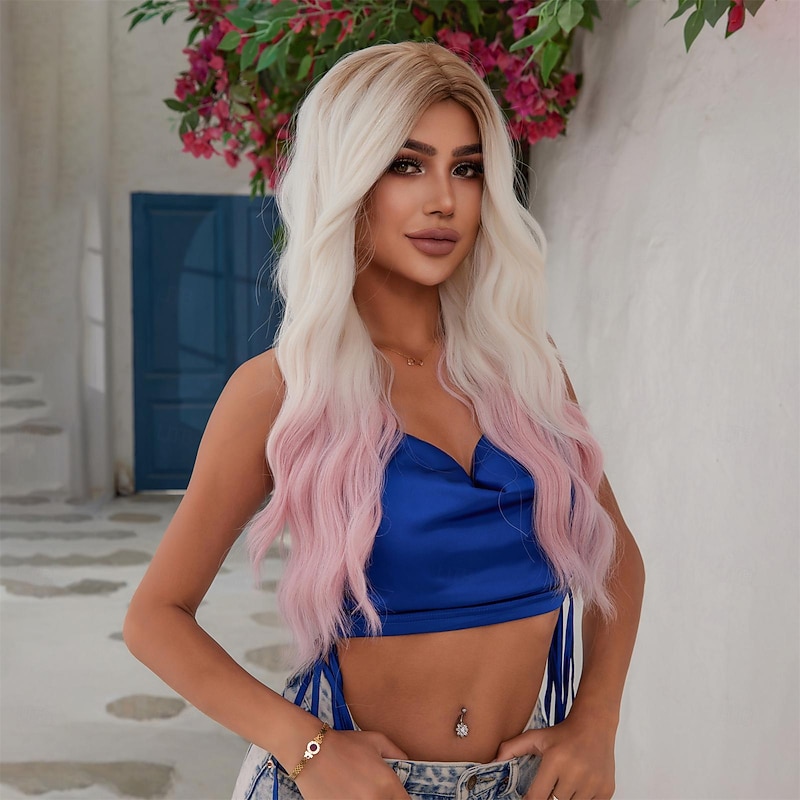 Synthetic Wig Uniforms Career Costumes Princess Straight kinky Straight Middle Part Layered Haircut Machine Made Wig 26 inch Red / White Synthetic Hair Women's Cosplay Party Fashion Pink4