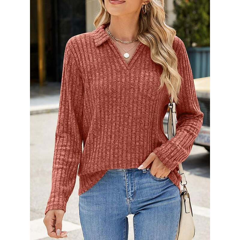 Women's T Shirt Casual Solid Color Long Sleeve Long Tops Shirt Collar Daily Black Wine Blue Khaki Spring Fall4