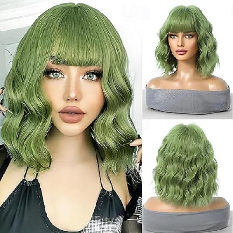 Short Bob Wavy Wig with Bangs for Women Short Wig Loose Curly Shoulder Length Synthetic Cosplay Wig Bob for Girl Colorful Costume Wigs