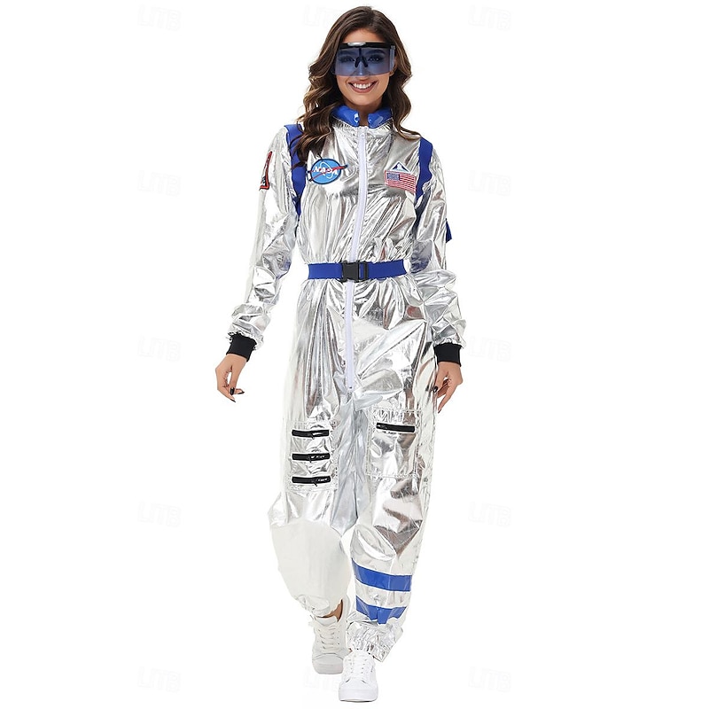 Couples Astronaut Costume Jumpsuit Carnival Costume Onesie with Mask Group Costumes Silver Space Suit for Men Women with Embroidered Patches3
