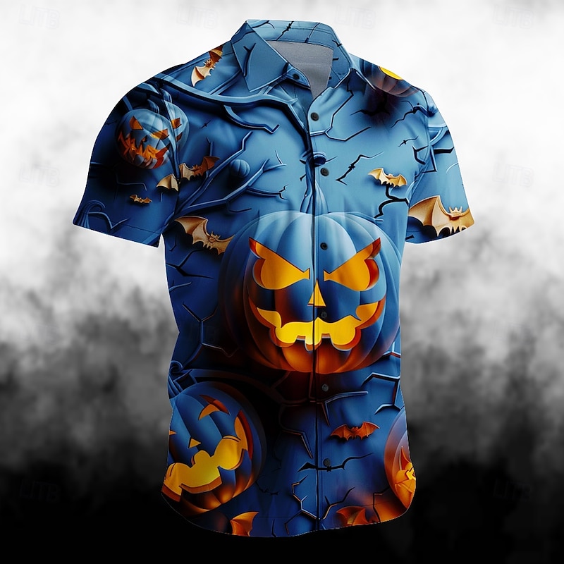 Halloween Men's Pumpkin Grimace Halloween Costumes Shirt Button Up Shirt Short Sleeve Casual Dark Party Evening Wear Summer Turndown Collared Shirts Button Up 3D Print Blue Purple
