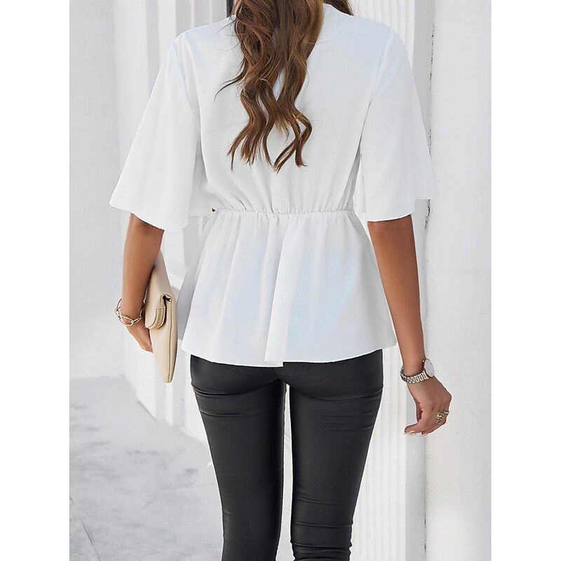Women's Shirt Dressy Tops Solid Color Plain Elegant Stylish Half Sleeve V Neck Work Daily Tie Front Ruched Black White Royal Blue Rose Pink Summer Spring Fall3